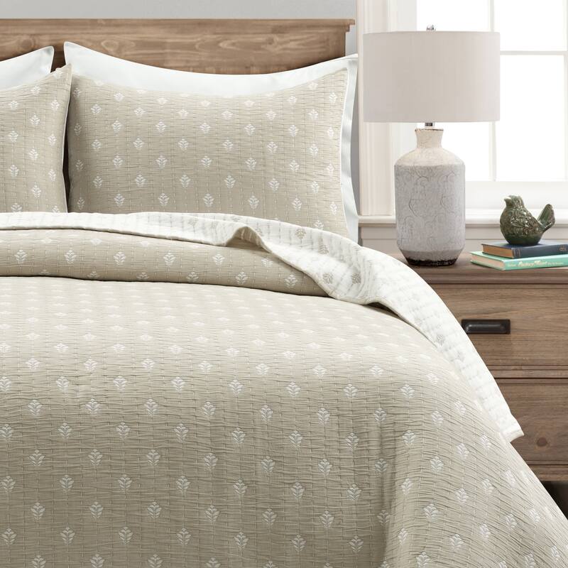 Lush Decor Hygge Kantha Pick Stitch Yarn Dyed Cotton Jacquard 3 Piece Quilt/Coverlet Set