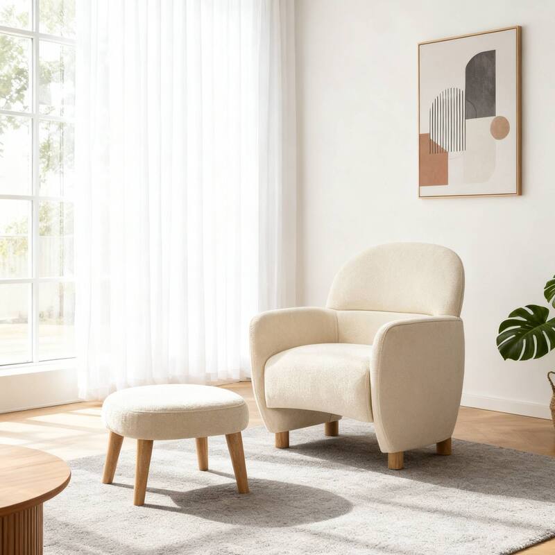 Modern Lazy Chair with Footrest Ottoman - Upholstered Leisure Sofa Chair, Reading Corner Chair for Small Space - White