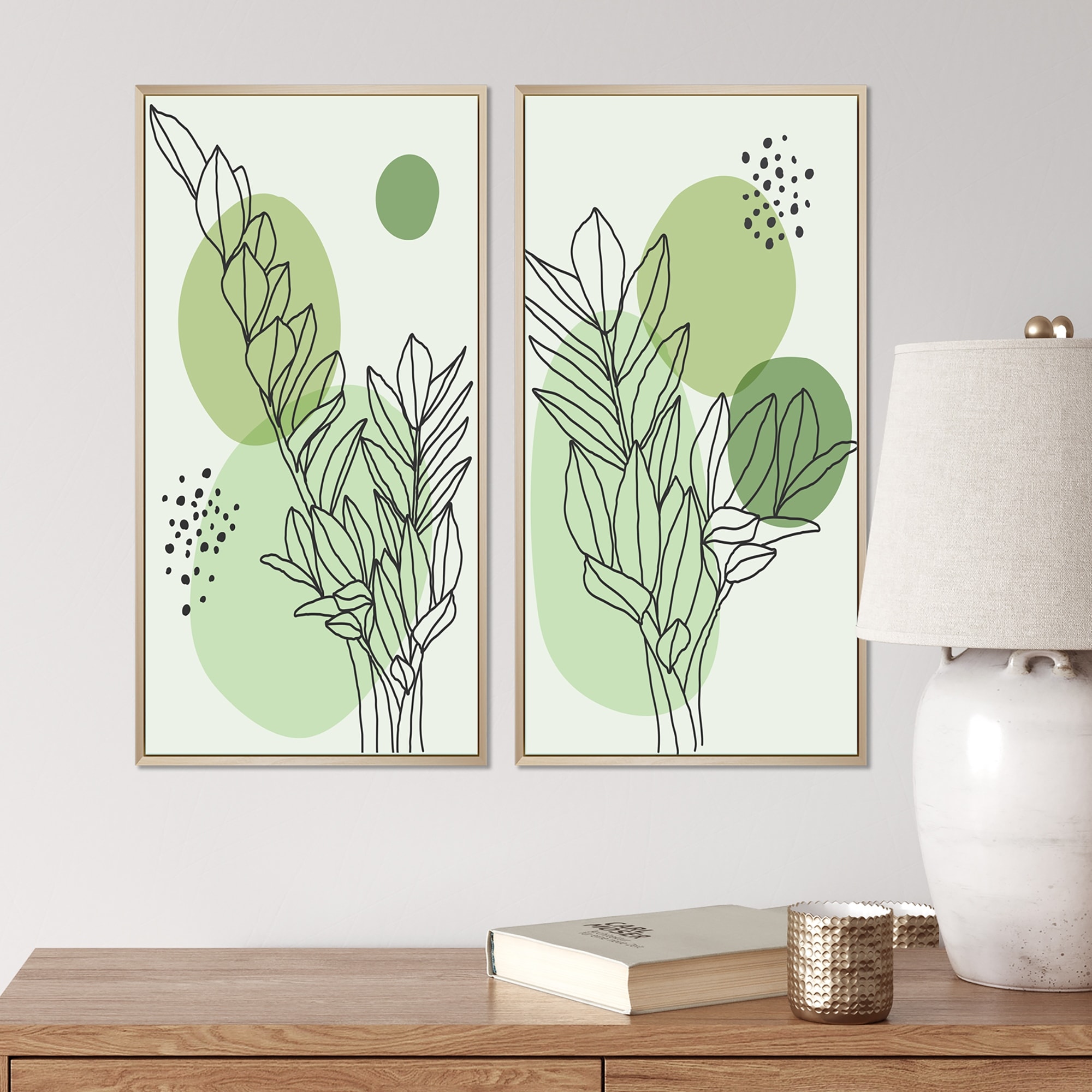 Designart "Green Botanical Abstract Leaves II" Floral Framed Art Set of 2 Pieces