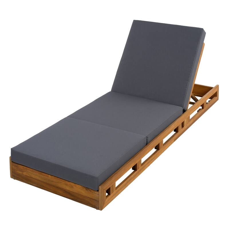 Roomfitters Outdoor Acacia Wood Chaise Lounge with Dark Grey Triple-Fold Cushions Teak Finish