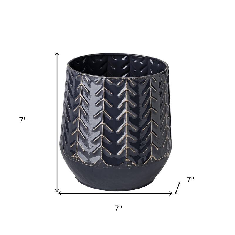 Modern Embossed Metal Vase in Dark Blue for Home Decor and Accents