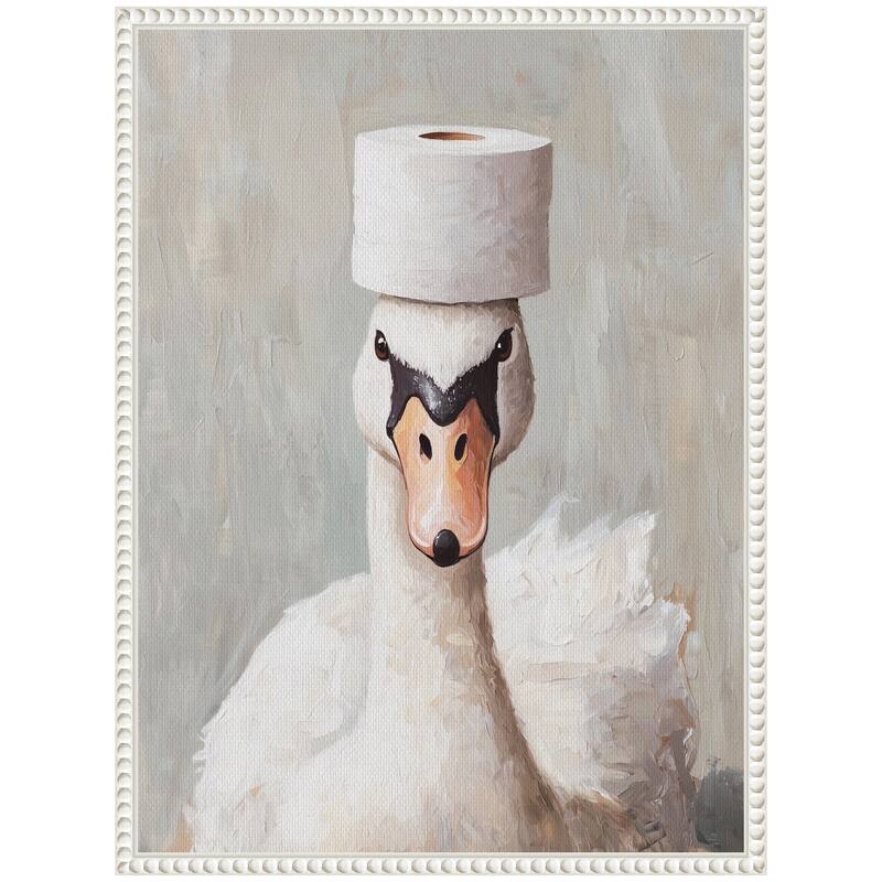 Kate and Laurel Sylvie Toilet Paper Roll on White Swans Head Bathroom Art Framed Canvas by The Creative Bunch Studio