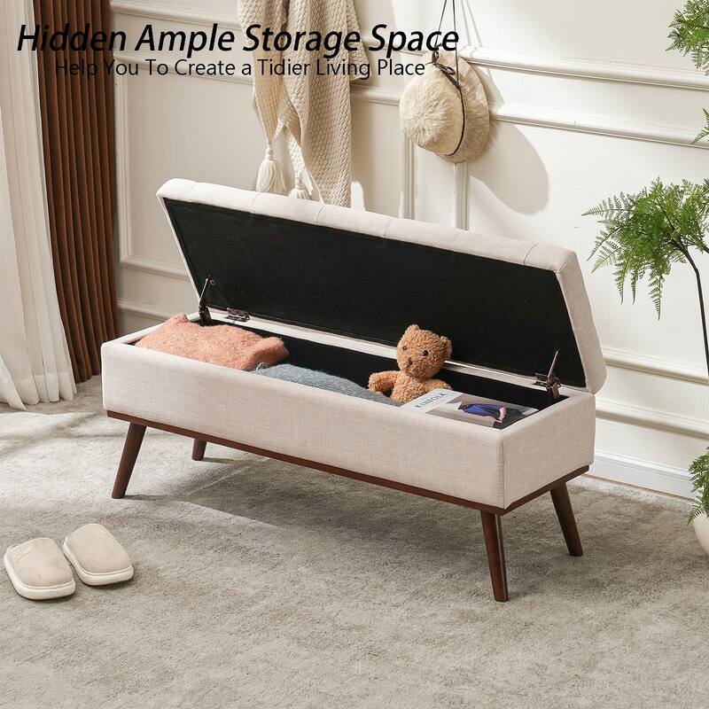 Linen Storage Ottoman Bench with Wood Legs, Upholstered Entryway Bench Tufted Mid Century Modern Ottoman Bedroom End of Bed