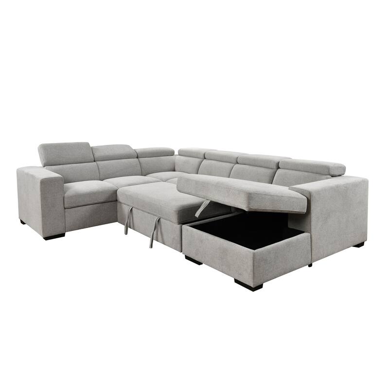 U-Shaped Sectional Sofa with Adjustable Headrest and Storage Chaise