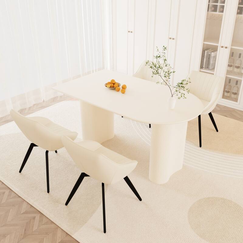 5-Piece Kitchen Table Set for 4, Modern Round Dining Table Set with Carved Legs and PU Leather Chairs for Dining Room