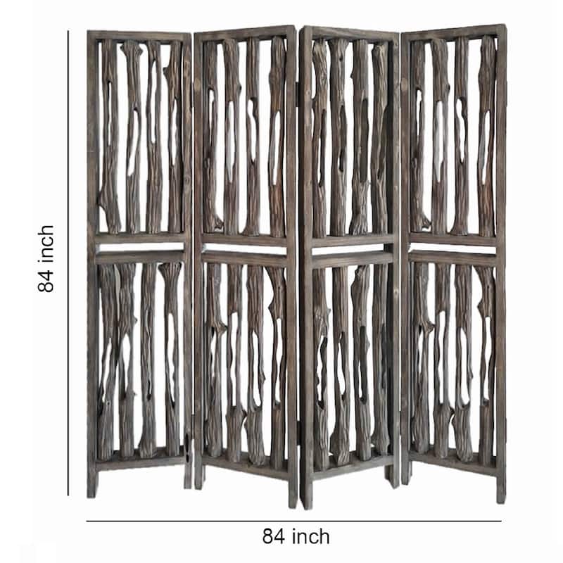 Contemporary 4 Panel Wooden Screen with Log Design, Brown