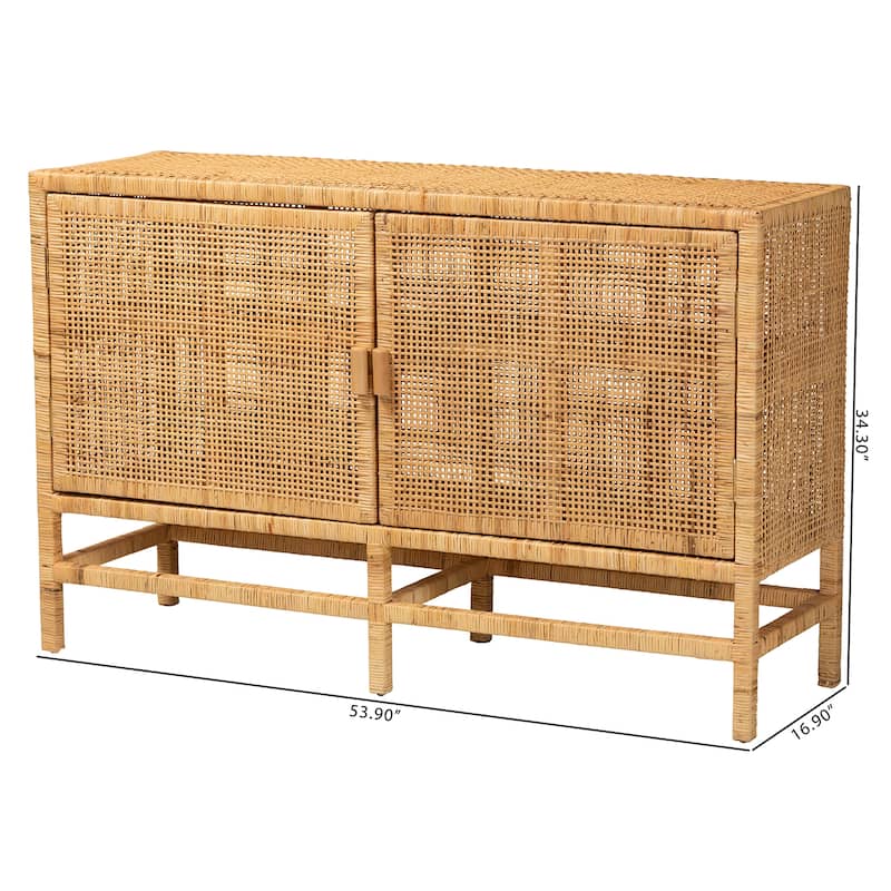 Vivan Modern Bohemian Natural Brown Rattan and Mahogany Wood Storage Cabinet