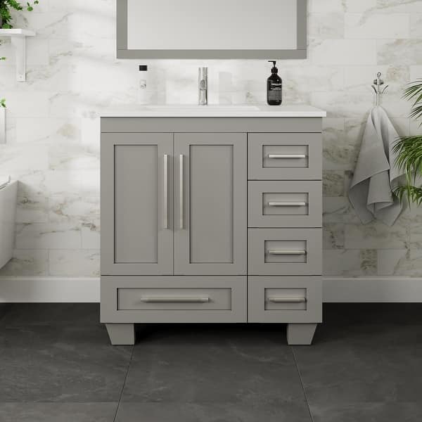 Eviva Loon 30 in. W. x 22 in. D x 34 in. H Bathroom Vanity in Gray with White Carrara Quartz Top and White Undermount Sink