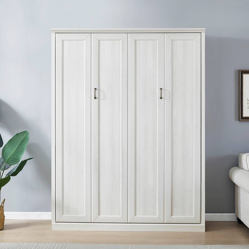 Full/Queen Hidden Murphy Bed Cabinet, Space-Saving Wooden Wall Bed Perfect for Guest Room, for Bed Room, Guest Room, Home Office - Rustic White - Queen