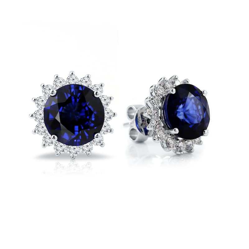 Auriya Unique 8 3/4ct Royal Blue Sapphire and 1 1/4ctw Halo Diamond Stud Earrings 18K Gold