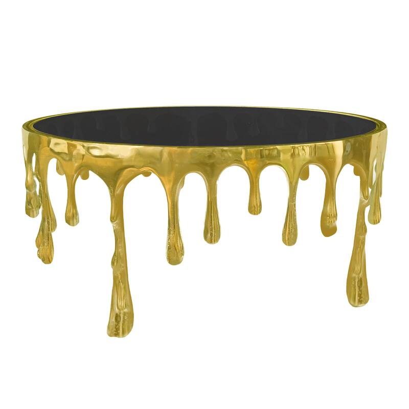 Capri Coffee Table, 36 Inch Round Glass Top, Melting Drip Design, Antique Gold