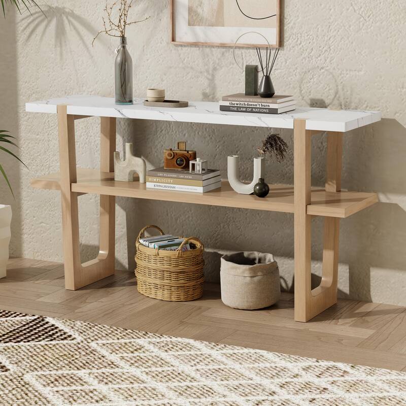 Elegant Console Table with Marble-Effect Top and Versatile Storage Solutions for Entryway and Living Room