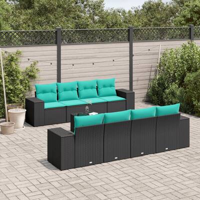 vidaXL 9 Piece Patio Sofa Set with Cushions Black Poly Rattan - 21.7 x 24.4 x 27.2