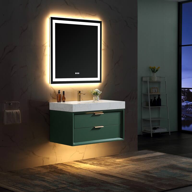 Modland 36" Wall-Mount Vanity with LED Light & 2 Soft-Close Drawers - Solid Oak, Black,White,Blue,Green - 36 inch