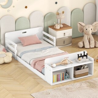 Twin Floor Bed with Storage Footboard and Guardrail