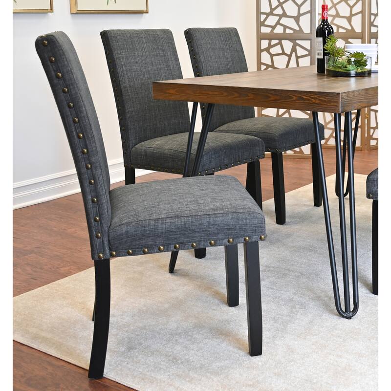 Wooden Dining Table with Metal Hairpin Legs, Gray Vintage Table and Chair Set, Upholstered Side Chairs with Nailhead Trim - Brown Gray