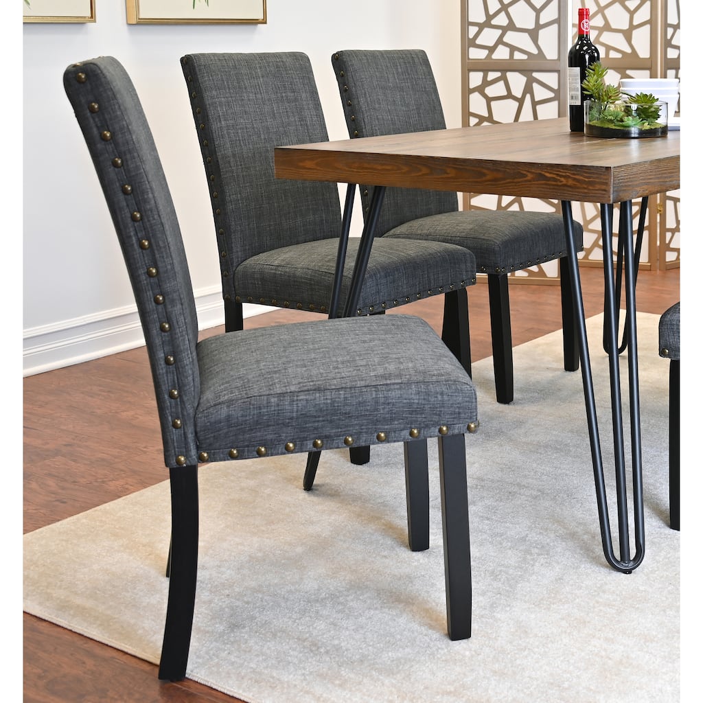 Wooden Dining Table with Metal Hairpin Legs, Gray Vintage Table and Chair Set, Upholstered Side Chairs with Nailhead Trim