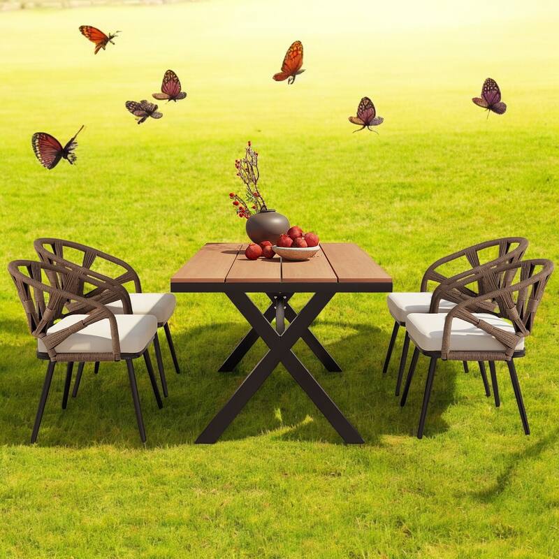 5-Piece Outdoor Dining Set with Plastic Wood Table & HDPE Chairs – Outdoor Set Iron Frame, Weather-Resistant, Seats 4