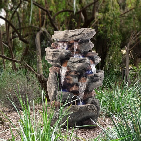 slide 1 of 9, Alpine Corporation 52" Tall Outdoor 5-Tier Rainforest Rock Water Fountain with LED Lights