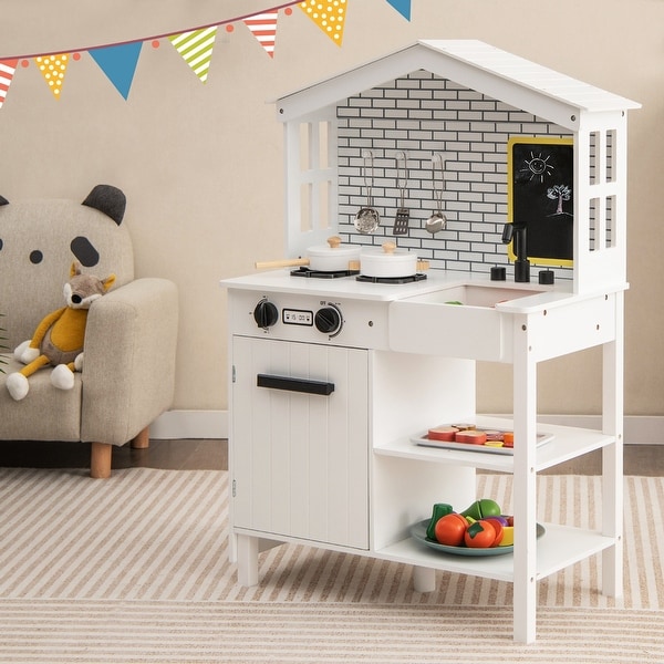 Costway Kids Play Kitchen Pretend Playset with Stoves and Chalkboard White