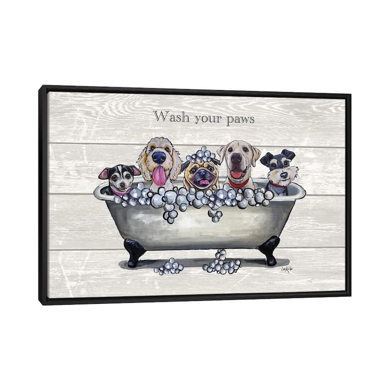 iCanvas "Tub With Dogs, Bathroom Dogs, Wash Your Paws" by Hippie Hound Studios Framed Canvas Print - Black - 32x48