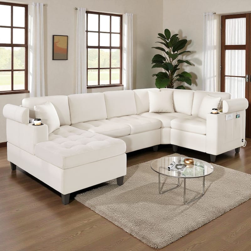 115.7" Modern U-Shaped Sectional Sofa with Cup Holders, Storage Space and USB Ports, Oversized Chenille Couch for Living Room - Beige