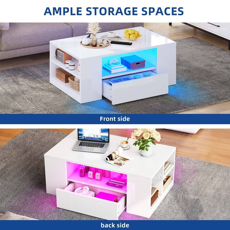 Moasis Modern High Gloss LED Coffee Table with Drawers and Shelves