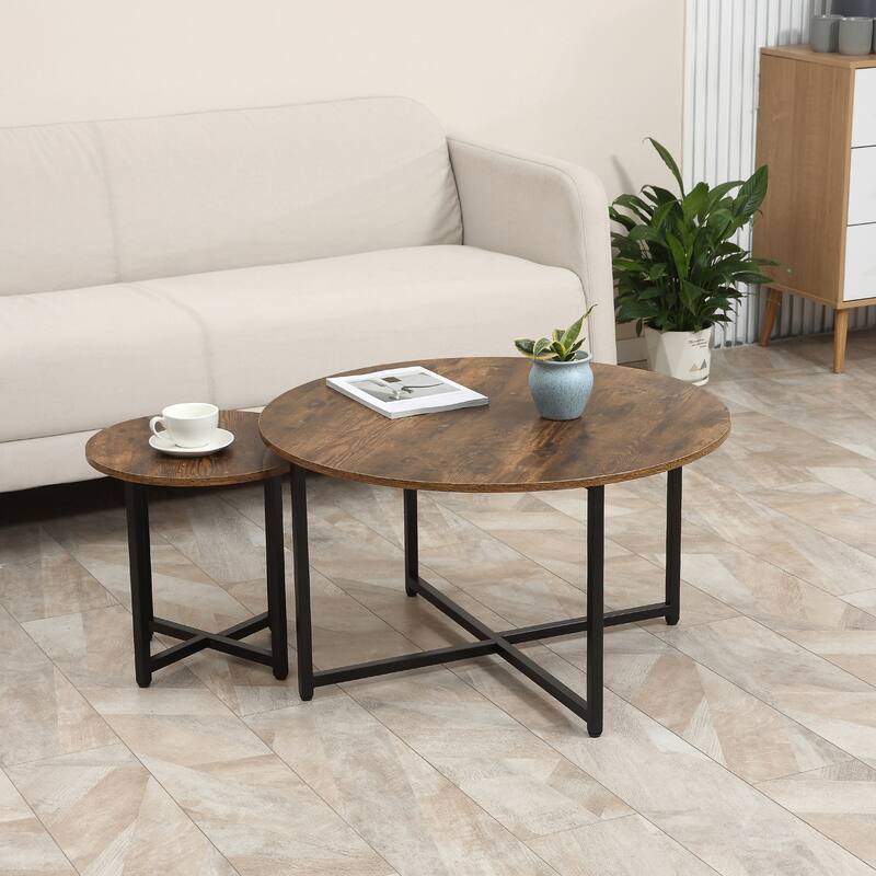 Round Coffee Table Set of 2, Industrial Living Room Tables with Metal Frame, Circle Coffee Tables for Living Room