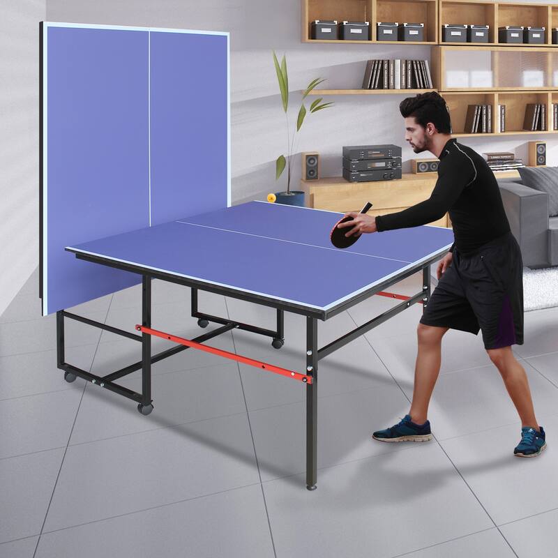 Roomfitters 8ft Indoor Ping Pong Table, Foldable & Portable Table Tennis Table Set with Net, 2 Paddles and Balls, Blue