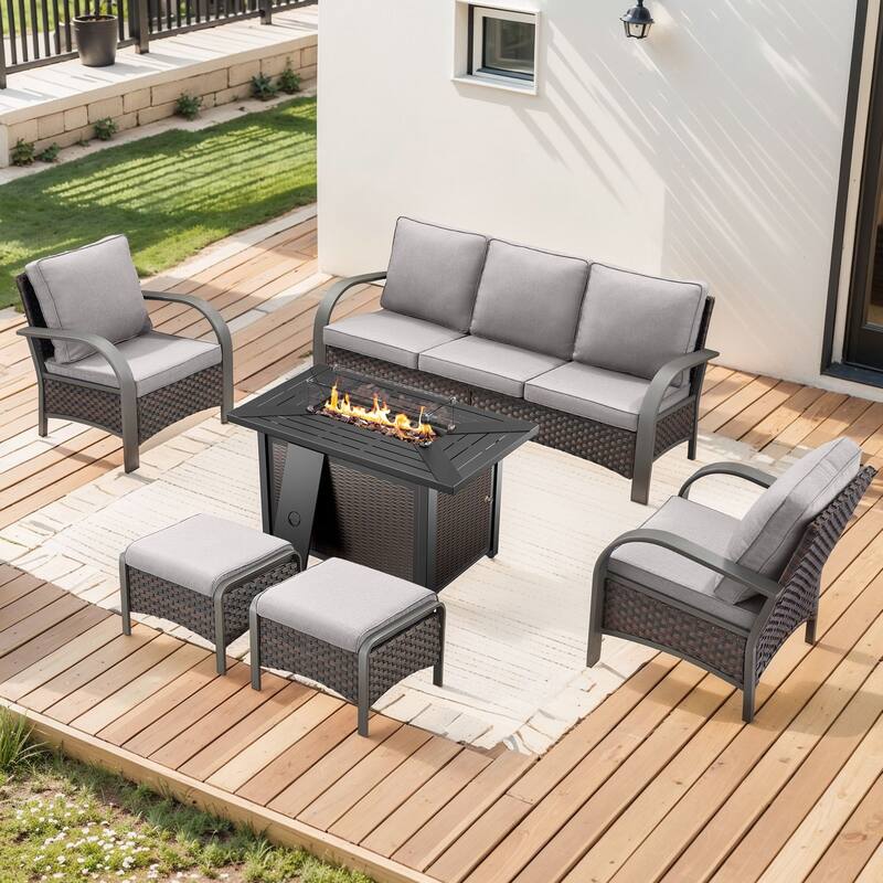 Propane Fire Pit with Outdoor Patio Funiture Set - Brown Rattan - Grey Cushion - 6PCS Sofa Club Chair Ottoman with Fire Table
