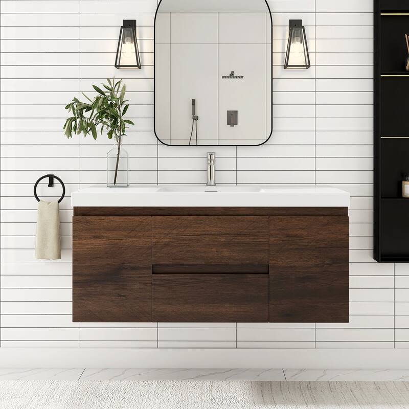 MDF Wall-Mounted Bathroom Vanity Set in Rose Wood with Integrated Culture Marble Sink