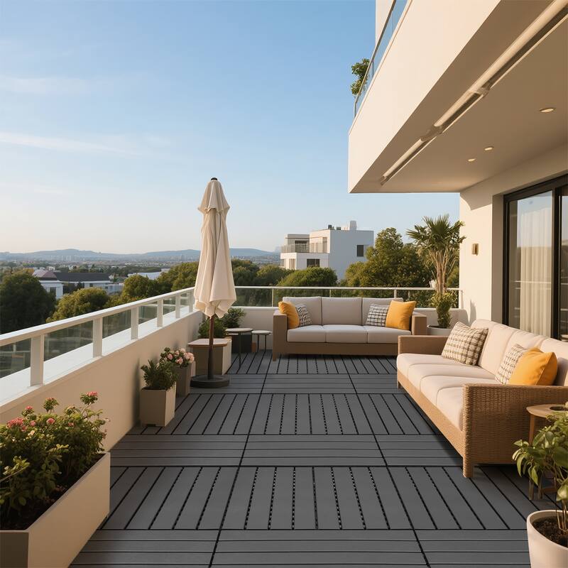 24 pieces of dark gray outdoor terrace deck tiles, DIY interlocking decking floor tiles, easy to install patio tiles