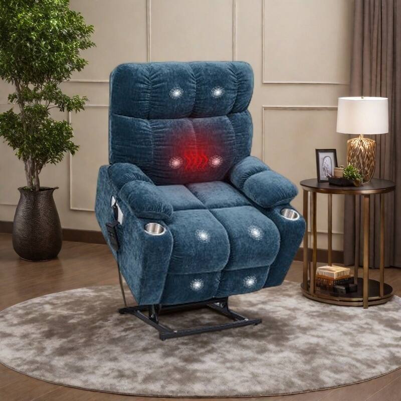 Dual OKIN Motor Power Lift Recliner Chair for Elderly, Infinite 105°-180° Recline, Heat & Massage with 8 Vibrating Points - Blue
