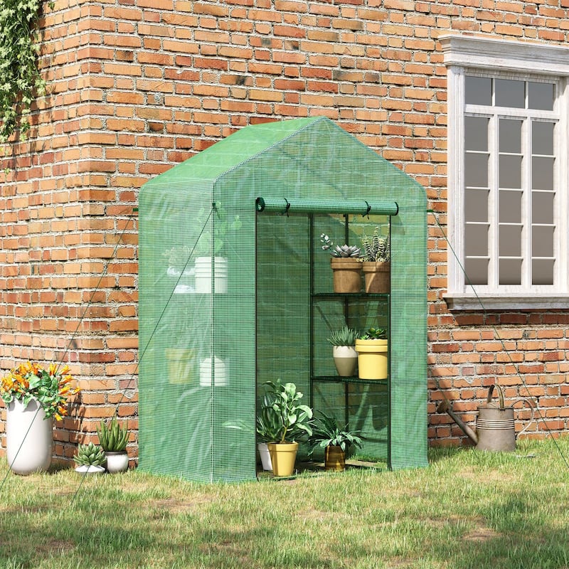 Outsunny 56" x 29" x 77" Mini Walk-in Greenhouse Kit, Portable Green House with 4 Shelves, Roll-Up Door - Portable