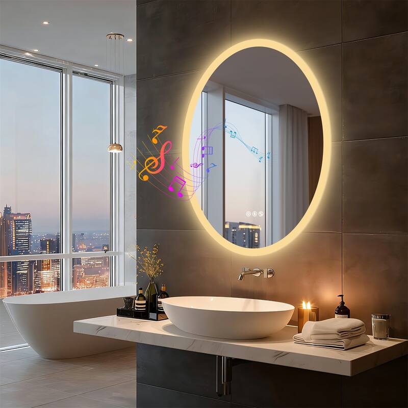 Bluetooth Lighted Bathroom Mirror Oval LED with Double NdFeB Speakers Wall Vanity Mirror - 23.62x31.50