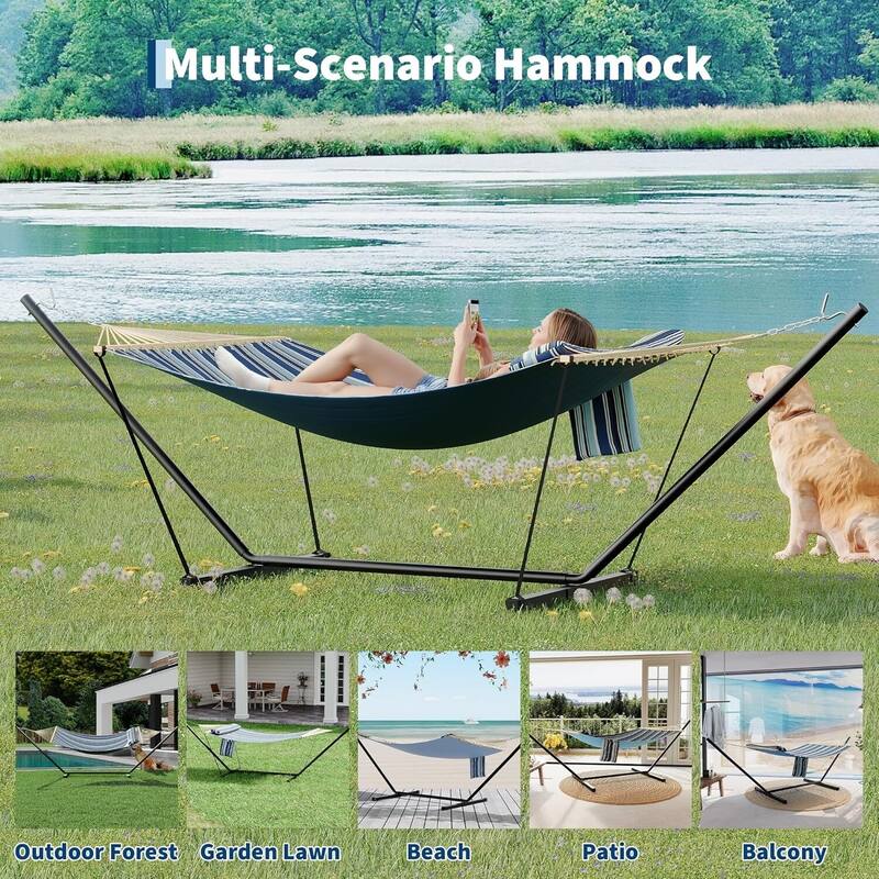Heavy Duty Portable Double Hammock with Stand for Outdoor Patio, Garden, Beach, Backyard
