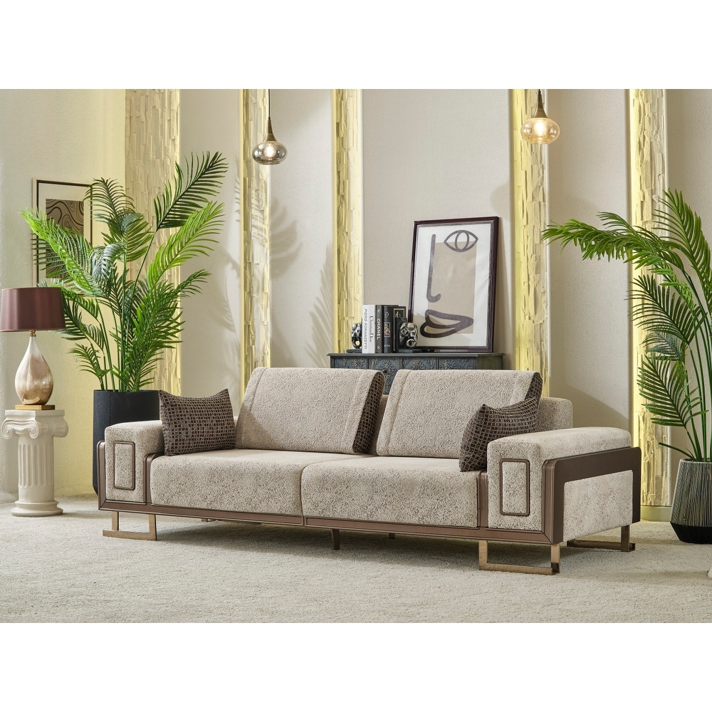 Kyre Convertible Modern 3 Seat Sofa with Pillows, Gold Legs, Pillow Back, Comfortable Living Room Sofa