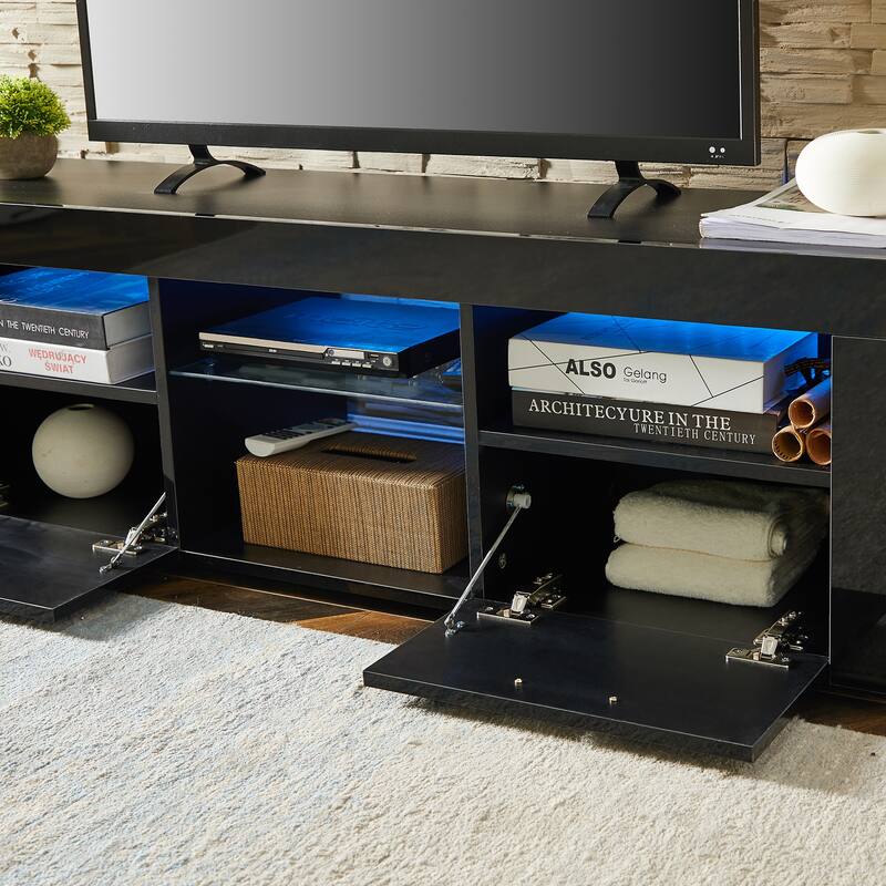 Black TV Stand with LED Lights,2 Storage Cabinet and Open Shelves