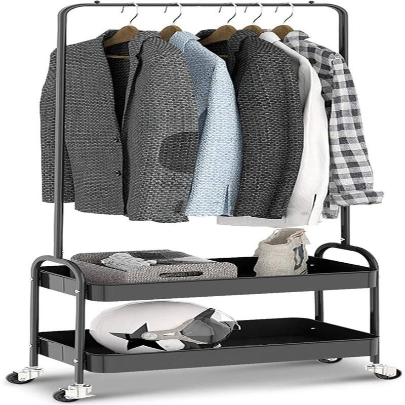 Clothing Rack with 2 Tier Metal Basket, - 12.2"D x 20.6"W x 60.2"H -  Black