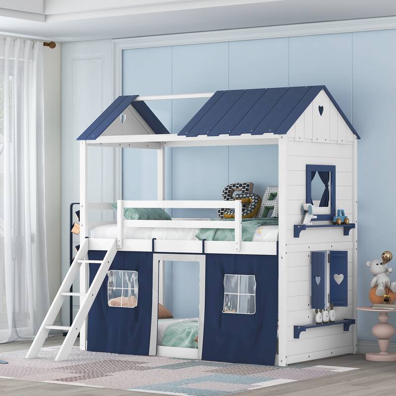 Twin Size Bunk Wood House Bed with Elegant Windows, Sills and Tent - White+Blue