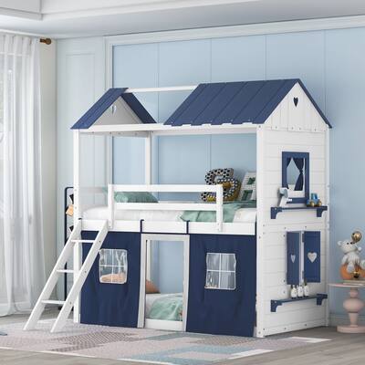 Twin Size Bunk Wood House Bed with Elegant Windows, Sills and Tent