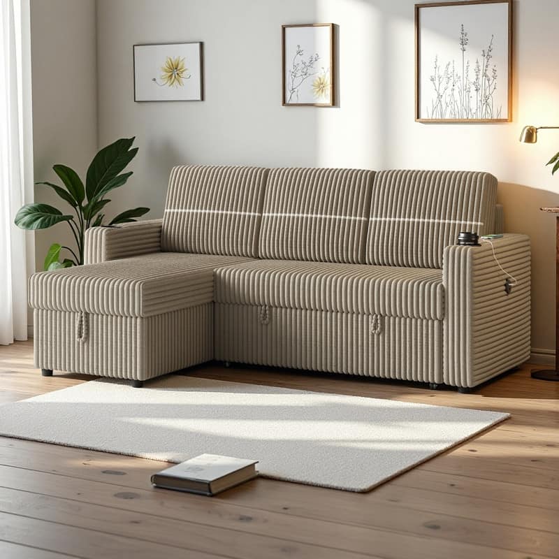 85" Corduroy 3-Seater Sleeper Sofa with Storage Chaise, USB Charging and Cup Holders - Brown