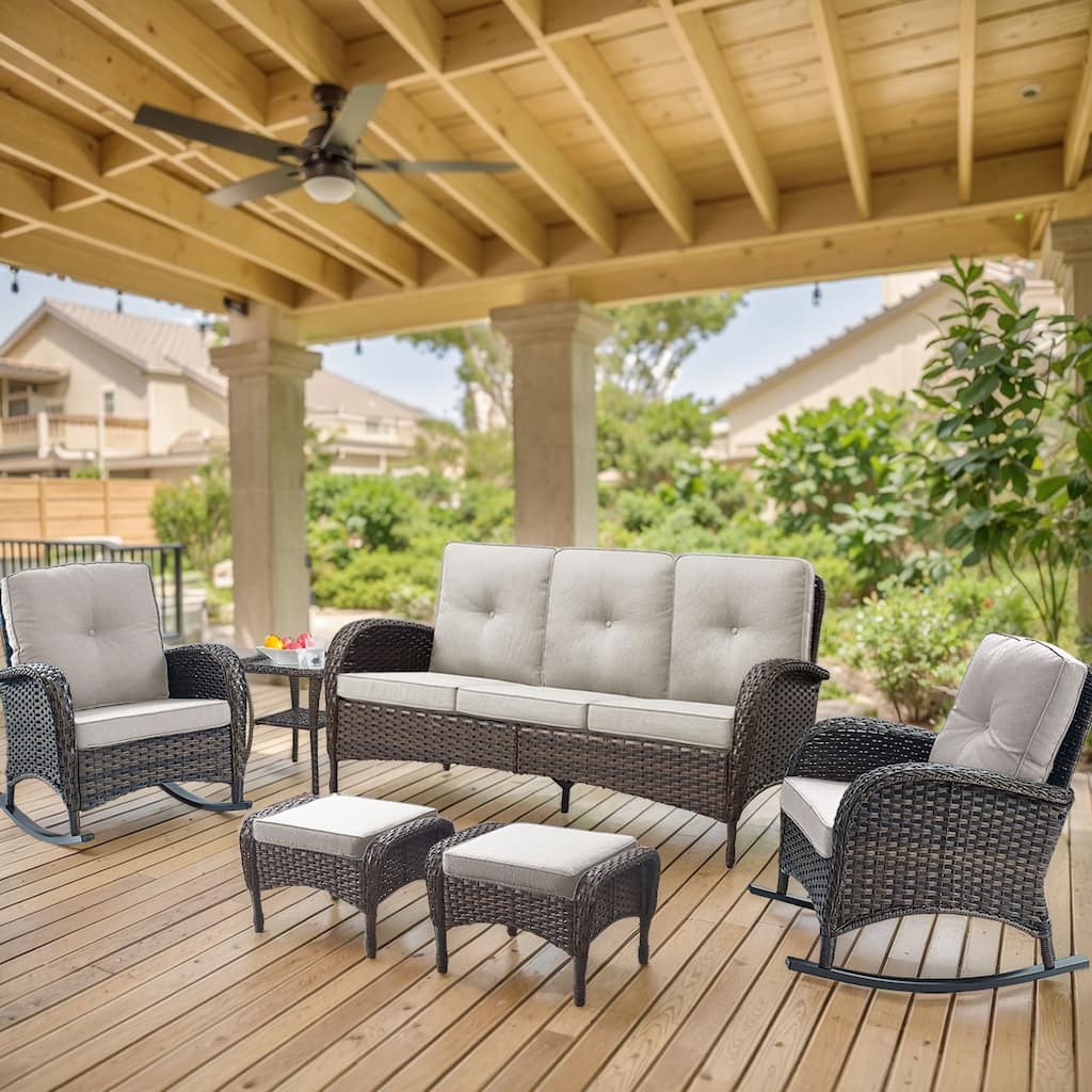 6 Pieces Rocker Chairs Sofa Table Ottomans Brown-Beige - Brown