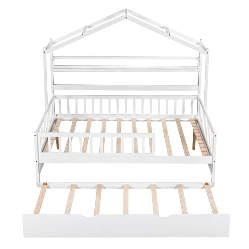 Wood Slat Support Roof House Bed Frame with Pull-out Trundle Bed, Side 2 Shelves Storage Platform Bed, Kids Panel Bed