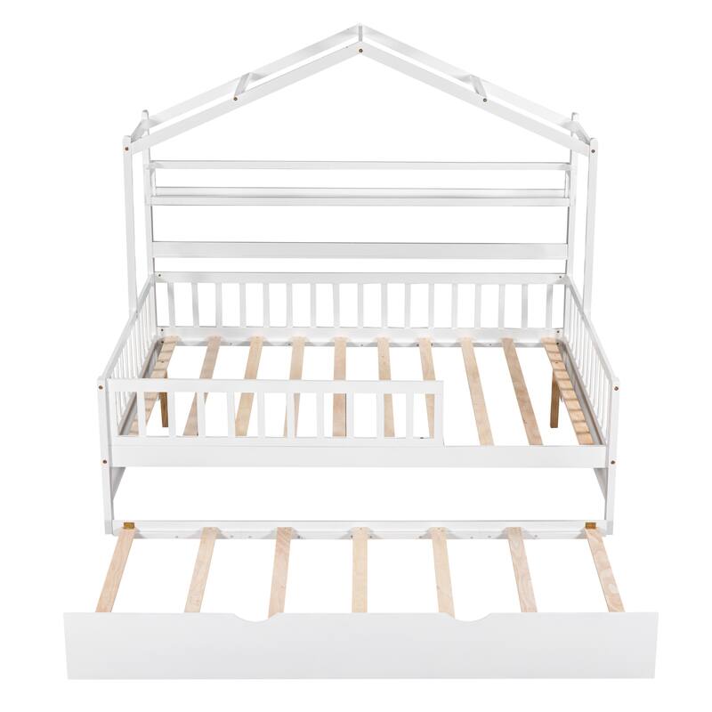 Cute Wooden Twin or Full House Bed with Trundle, Kids Bed Wood Platform Bed Frame with Safety Guardrail & Storage Shelf