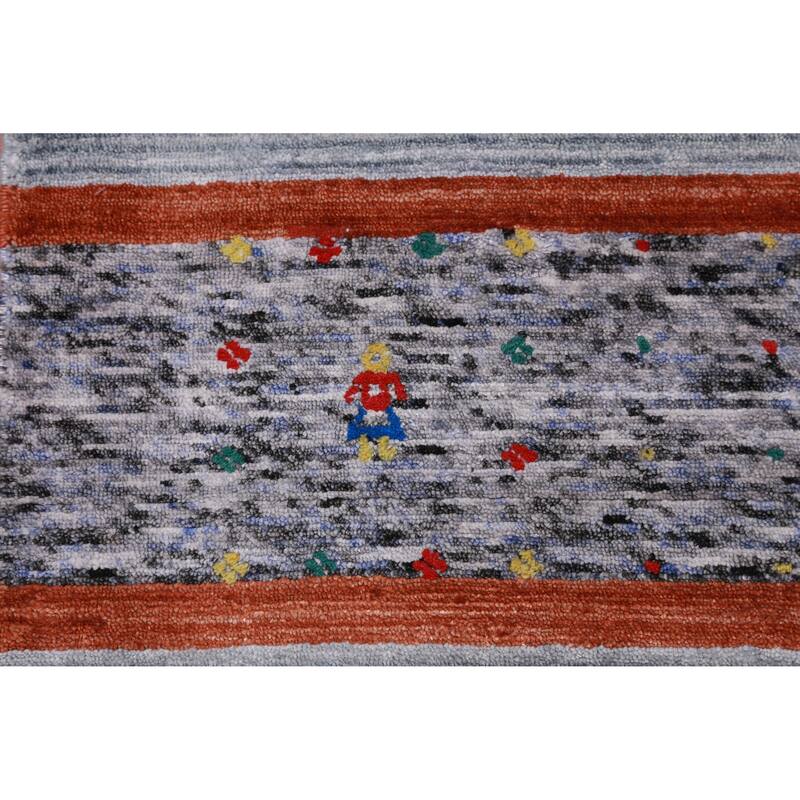 Hand Knotted Oriental Viscose Silk Carpet Tribal Stripe Greys & Charcoal Gabbeh Area Rug - 10' 0'' X 8' 4''