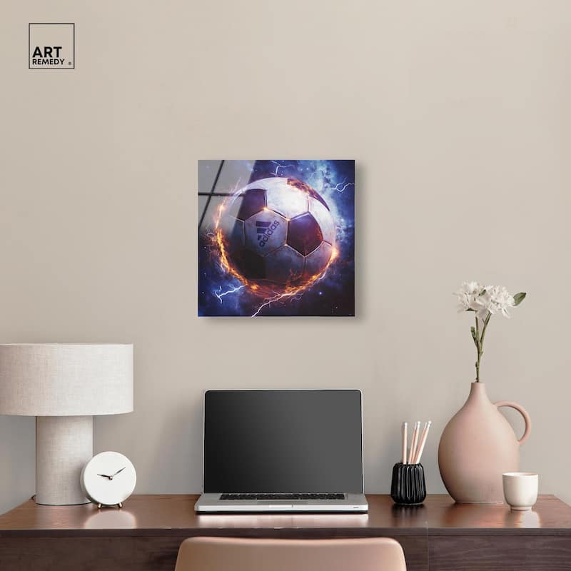 Electrify Soccer Ball Acrylic by Art Remedy, Ready to Hang