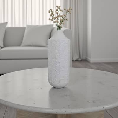 Accent Flower Vase Set of 2, Tall Wide Base, Textured White Metal