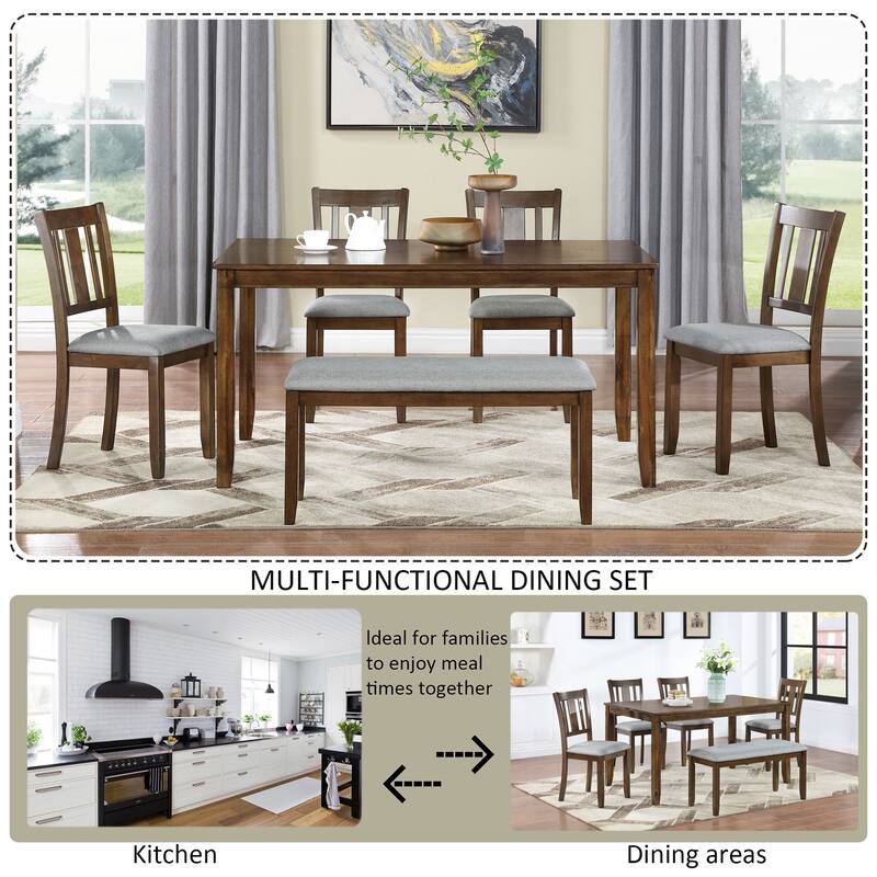 6 Piece Kitchen Dining Table Set, Wooden Rectangular Dining Table with Upholstered Bench and 4 Chairs, Dining Room Table Set