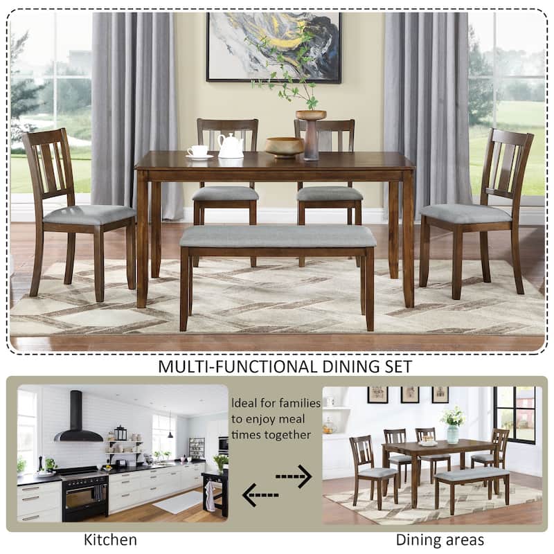 GDFStudio - Brookline 6-Piece Transitional Rectangular Wooden Dining Table Set with 4 Upholstered Chairs & 1 Bench